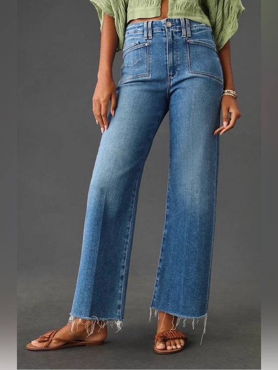 PAIGE Denim - PAIGE Anessa "Sunnie Distressed" High-Rise Wide Leg Crop Jeans Raw Hem Size 32